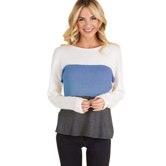 PS KATE Mustard Gray Waffle Knit Color Block Long Sleeve Top Open Back 11243 - Picture 6 of 15